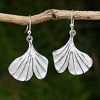 Sterling silver flower earrings, 'Pretty Ginkgo' - Leaf Shaped Sterling Silver Hook Earrings from Thailand