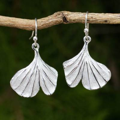 Sterling silver flower earrings, 'Pretty Ginkgo' - Leaf Shaped Sterling Silver Hook Earrings from Thailand