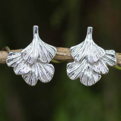 Sterling silver flower earrings, 'Ginkgo Inspired' - Sterling Silver Leaf Shaped Button Earrings from Thailand