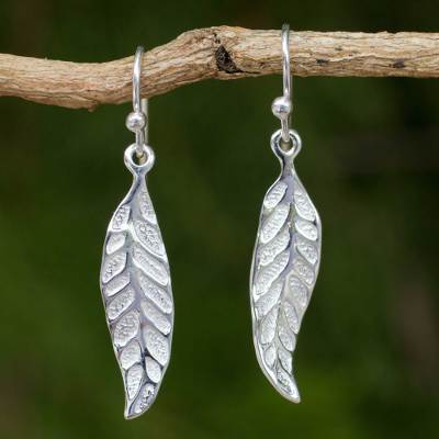 Sterling silver dangle earrings, 'Pomegranate Protection' - Sterling Silver Leaf Earrings Fair Trade Artisan Jewelry