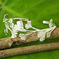 Sterling silver cuff bracelet, 'Pretty Ginkgo' - Leaf Shaped Sterling Silver Cuff Bracelet from Thailand