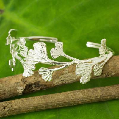 Sterling silver cuff bracelet, 'Pretty Ginkgo' - Leaf Shaped Sterling Silver Cuff Bracelet from Thailand