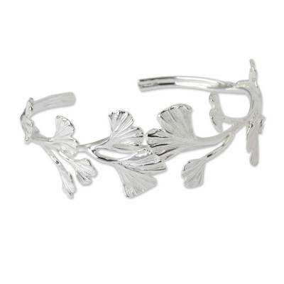 Sterling silver cuff bracelet, 'Pretty Ginkgo' - Leaf Shaped Sterling Silver Cuff Bracelet from Thailand