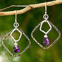 Gold plated amethyst dangle earrings, 'Dichotomy' - Gold Plated and Sterling Silver Earrings with Amethyst