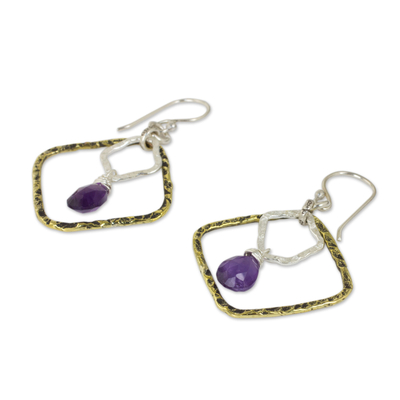 Gold plated amethyst dangle earrings, 'Dichotomy' - Gold Plated and Sterling Silver Earrings with Amethyst