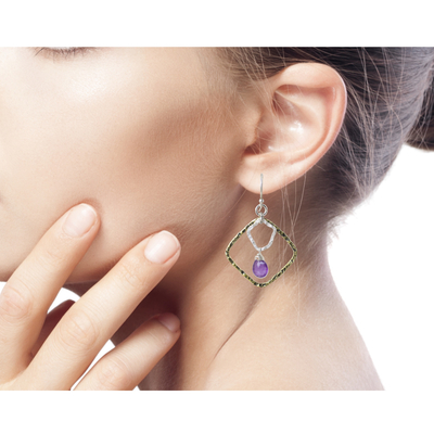 Gold plated amethyst dangle earrings, 'Dichotomy' - Gold Plated and Sterling Silver Earrings with Amethyst