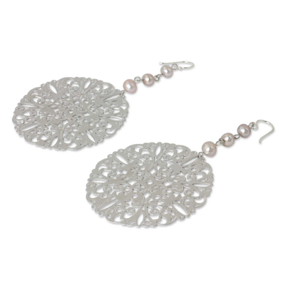 Cultured pearl dangle earrings, 'Floral Silhouette' - Artisan Handmade Silver Earrings with Pink Cultured Pearls