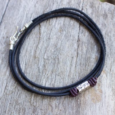 Men's leather bracelet, 'Bold Black' - Men's Black Leather Wrap Bracelet with Silver Detailing