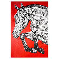 'Running' (2014) - Black and White Horse Painting on Textured Red Canvas