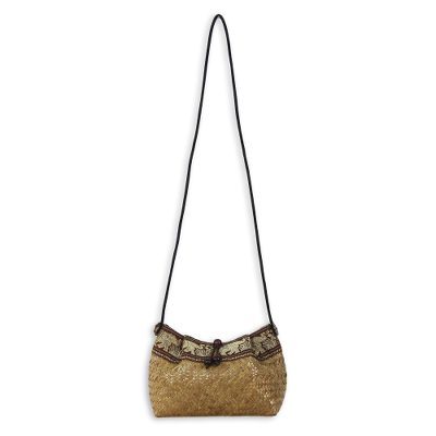 Cotton accent natural fiber shoulder bag, 'Hill Tribe Elephants' - Thai Hand Woven Cotton Accent Natural fibre Shoulder Bag