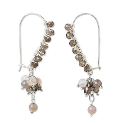 Smoky Quartz Sterling Silver Beaded Earrings with Agate