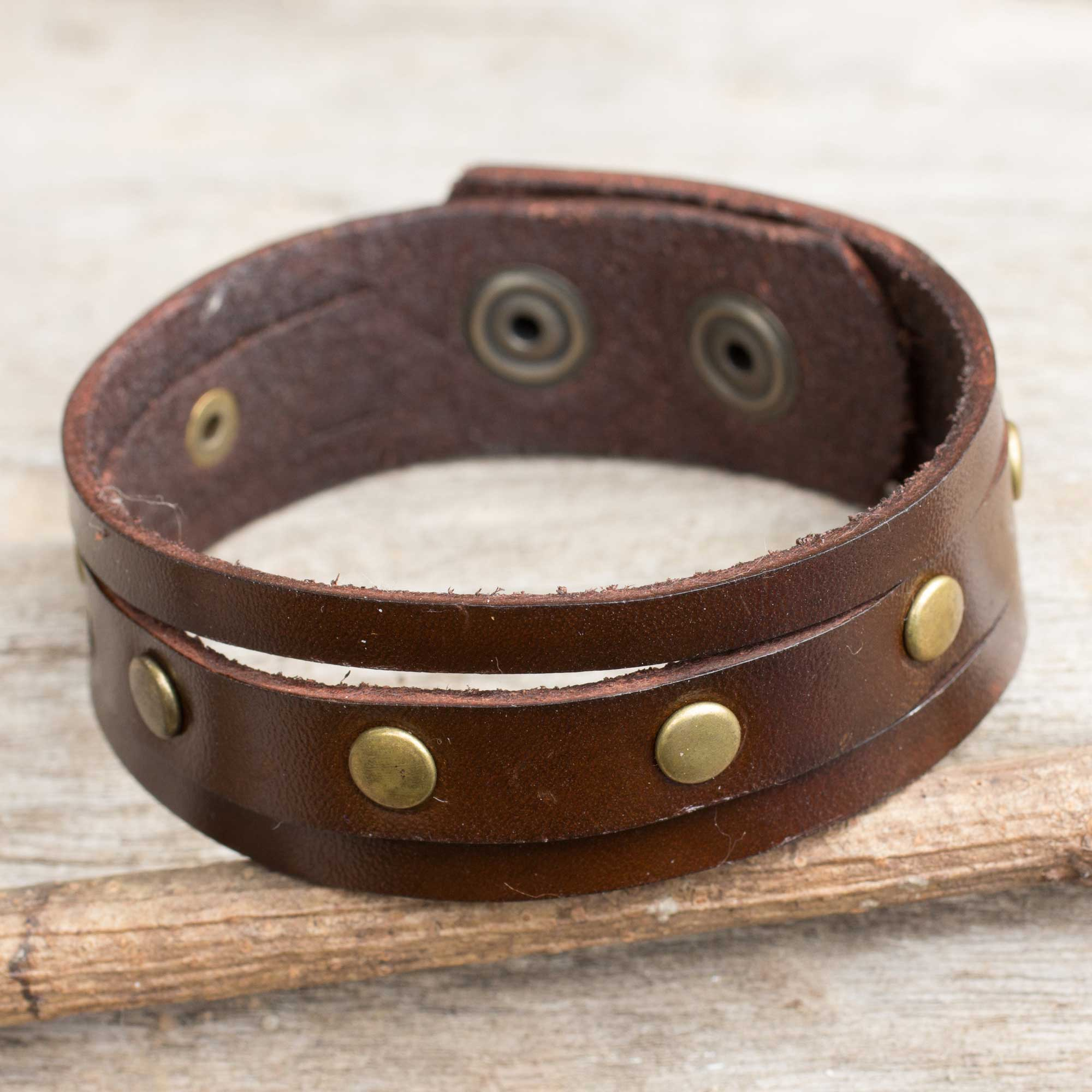 Men's Braided Leather Wristband Bracelet from Bali - Bedeg Style | NOVICA