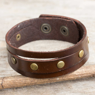 Men's leather wristband bracelet, 'Rustic Brown' - Thai Handmade Brown Leather Bracelet for Men