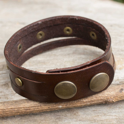 Men's leather wristband bracelet, 'Rustic Brown' - Thai Handmade Brown Leather Bracelet for Men