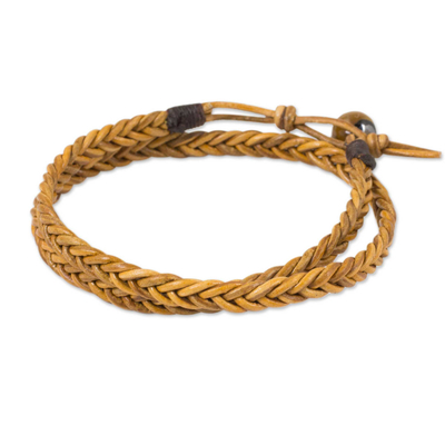 Men's leather wrap bracelet, 'Double Hug' - Golden Brown Leather Braid Wrap Bracelet for Men