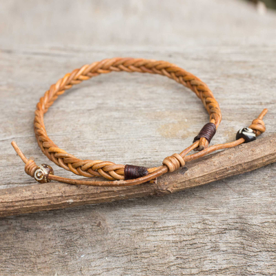 Men's leather braided bracelet, 'Friends and Brothers' - Men's Braided Light Brown Leather Bracelet from Thailand