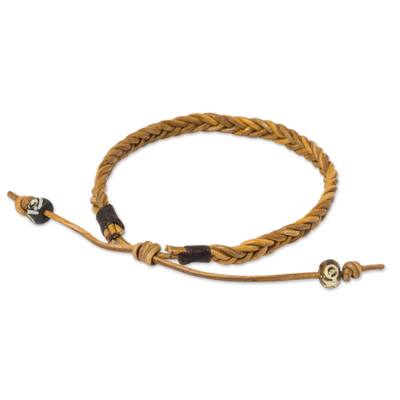 Men's leather braided bracelet, 'Friends and Brothers' - Men's Braided Light Brown Leather Bracelet from Thailand