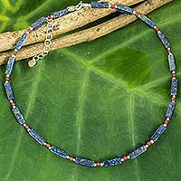 Lapis Lazuli Red Quartz and Sterling Silver Thai Necklace,'Navy Rose'