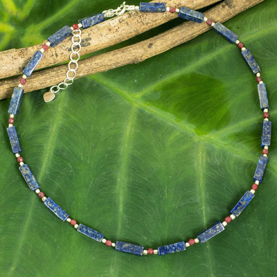 Lapis lazuli beaded necklace, 'Navy Rose' - Lapis Lazuli Red Quartz and Sterling Silver Thai Necklace