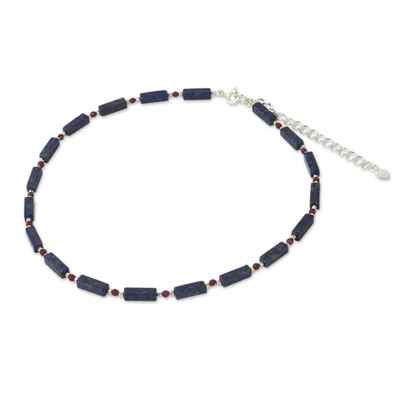 Lapis lazuli beaded necklace, 'Navy Rose' - Lapis Lazuli Red Quartz and Sterling Silver Thai Necklace