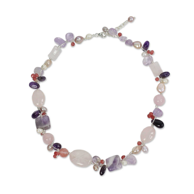 Cultured pearl and multi-gemstone necklace, 'Lilac Whisper' - Hand Knotted Pearl and Multi-Gemstone Necklace
