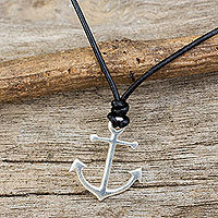 Sterling silver and leather pendant necklace, 'Anchor of Hope' - Thai Sterling Silver and Black Leather Pendant Necklace