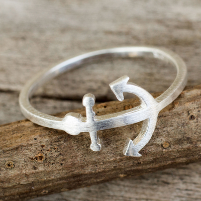 Sterling silver band ring, 'Anchor of Hope' - Thai Artisan jewellery Sterling Silver Anchor Ring