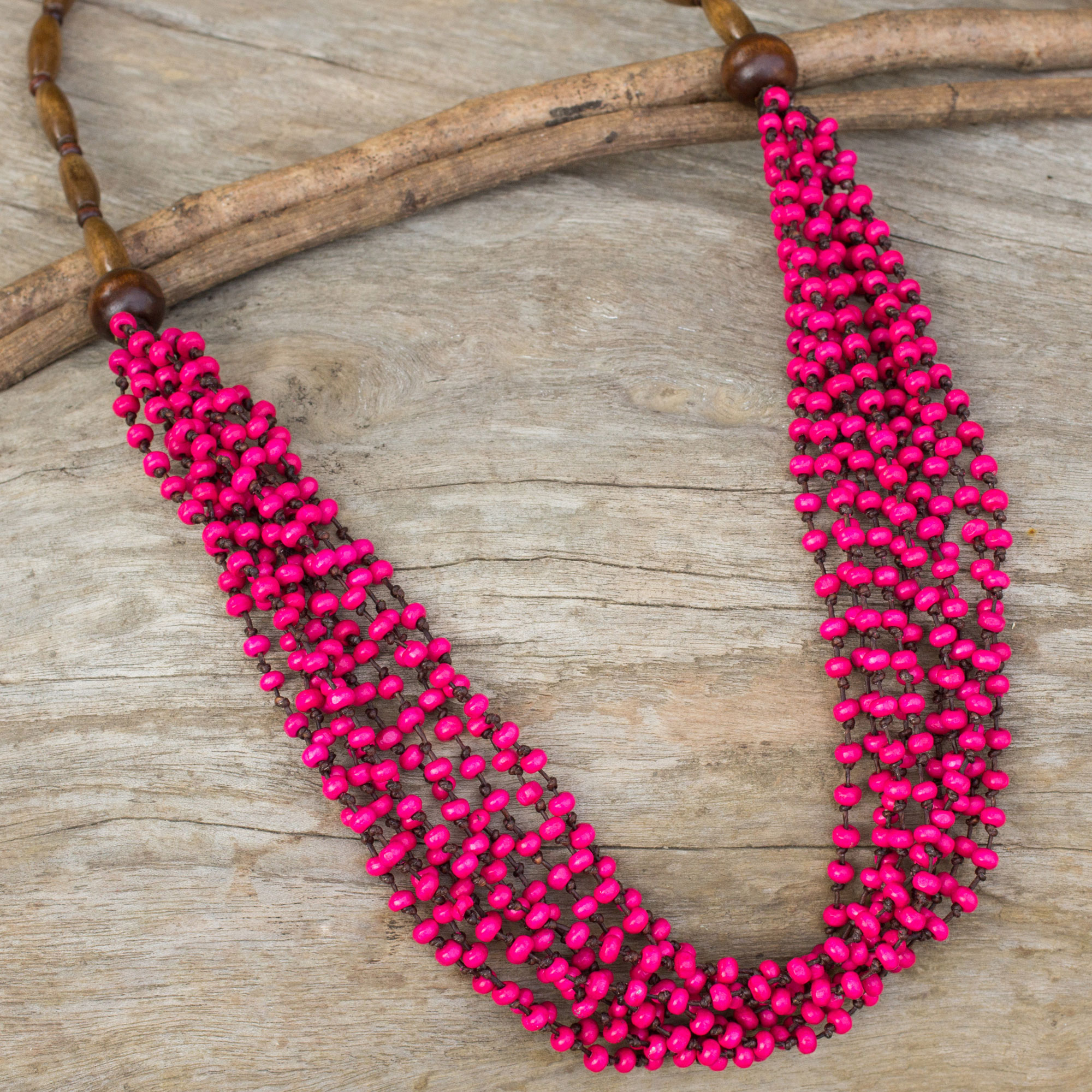 Fuscia Pink Wooden Bead Necklace