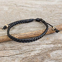 Men's braided leather bracelet, 'Single Black Braid'