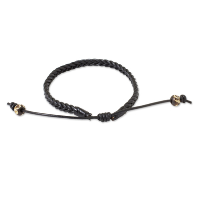 Men's braided leather bracelet, 'Single Black Braid' - Braided Black Leather Mens Bracelet
