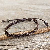 Men's braided leather bracelet, 'Single Brown Braid'