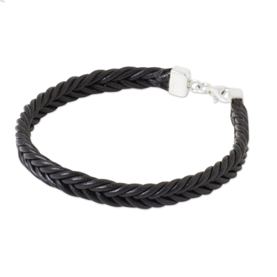 Braided leather bracelet, 'Assertive in Black' - Thai Black Leather Braided Bracelet with Silver Clasp