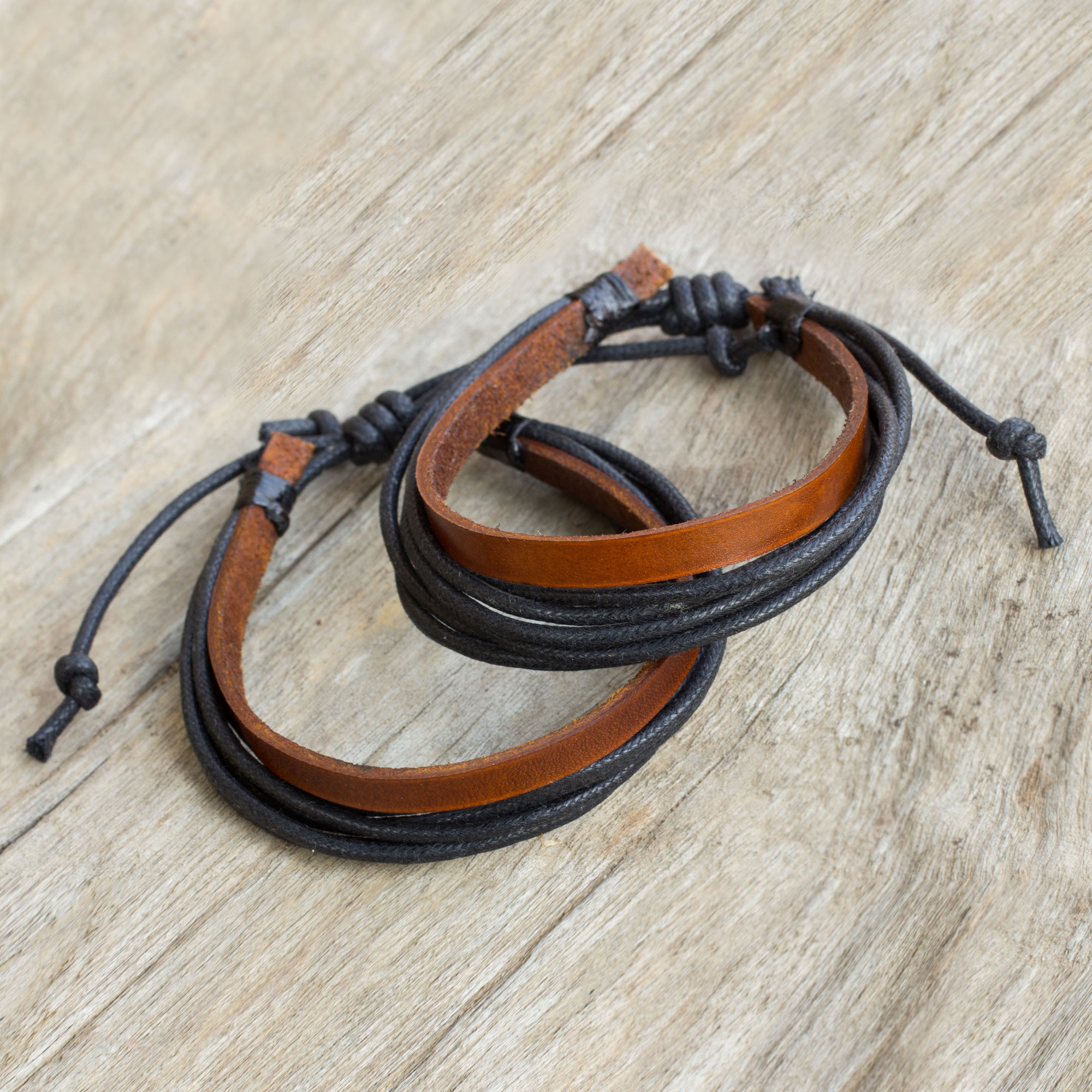 Brown Leather and Black Cotton Bracelets for Men (Pair) - Bold Contrast