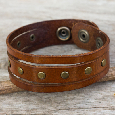Men's leather wristband bracelet, 'Rustic Russet' - Fair Trade Thai Russet Brown Leather Bracelet for Men