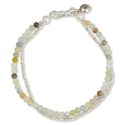 Amazonite and cultured pearl beaded bracelet, 'Ethnic Fantasy' - Handmade Amazonite Pearl and Hill Tribe Silver Bracelet