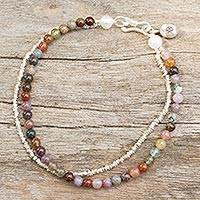 Jasper and cultured pearl beaded bracelet, 'Ethnic Fantasy' - Fair Trade Handcrafted 950 Silver Bracelet with Polished Jas