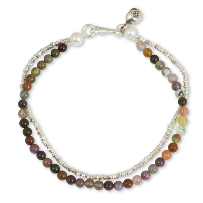 Jasper and cultured pearl beaded bracelet, 'Ethnic Fantasy' - Handmade Jasper Pearl and Hill Tribe Silver Bracelet