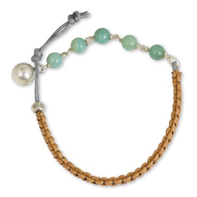 Leather and amazonite beaded bracelet, 'Fantasy Eclipse' - Amazonite and Silver on Leather Beaded Bracelet