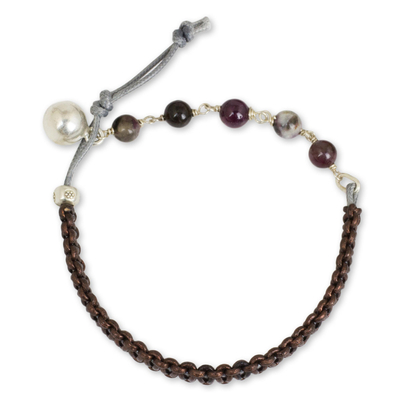 Leather and tourmaline beaded bracelet, 'Fantasy Eclipse' - Leather Tourmaline and Silver Beaded Bracelet