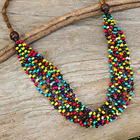 Wood beaded necklace, Rainbow Muse