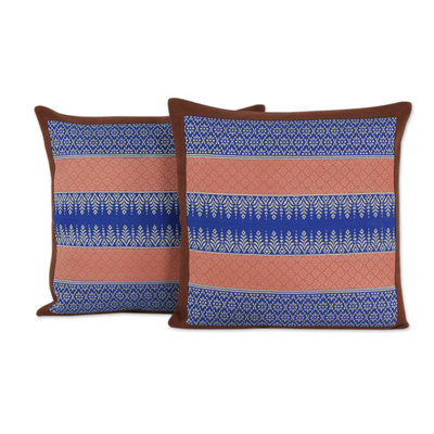 Coral and Blue Handwoven Brocade Cushion Covers (Pair) - Chiang Mai ...