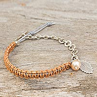 Cultured pearl and leather charm bracelet, 'Tan Forest Peach' - Hand Knotted Leather and Silver Bracelet with Cultured Pearl