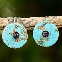 Calcite and garnet drop earrings, 'Bohemian Moons' - Garnet on Turquoise Color Calcite Hand Made Earrings