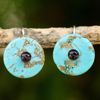 Calcite and garnet drop earrings, 'Bohemian Moons' - Garnet on Turquoise colour Calcite Hand Made Earrings