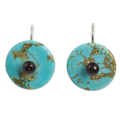 Calcite and garnet drop earrings, 'Bohemian Moons' - Garnet on Turquoise Color Calcite Hand Made Earrings