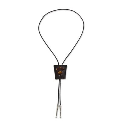 Tiger's eye and leather bolo tie, 'Earth Medallion' - Handcrafted Brown Leather Bolo Tie with Tiger's Eye