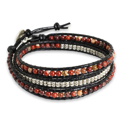 Jasper and Silver on Artisan Crafted Leather Wrap Bracelet