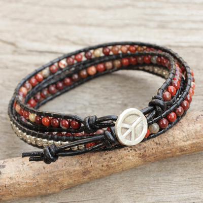 Jasper wrap bracelet, 'Hill Tribe Explorer' - Jasper and Silver on Artisan Crafted Leather Wrap Bracelet