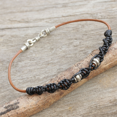 Men's leather and silver braided bracelet, 'Black Helix' - Men's Macrame Leather Bracelet with Hill Tribe Silver