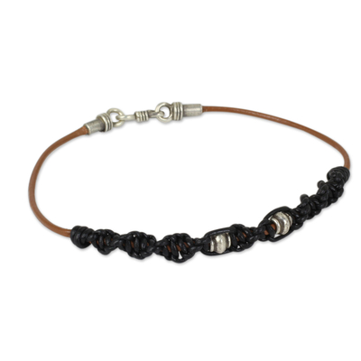 Men's leather and silver braided bracelet, 'Black Helix' - Men's Macrame Leather Bracelet with Hill Tribe Silver